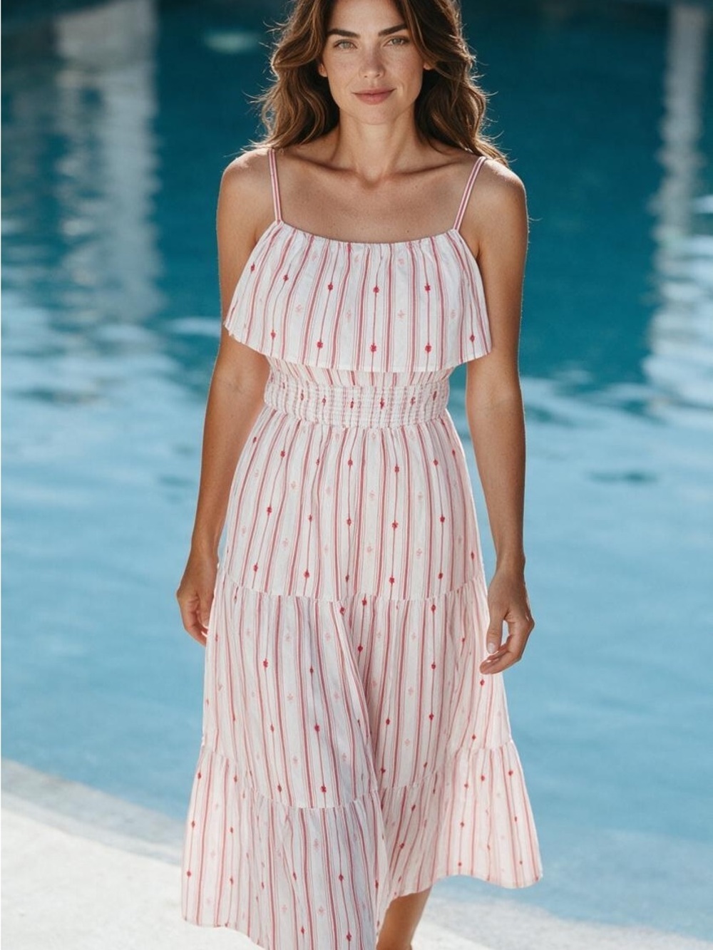 LOFT Pink and White Striped Tiered Midi Dress